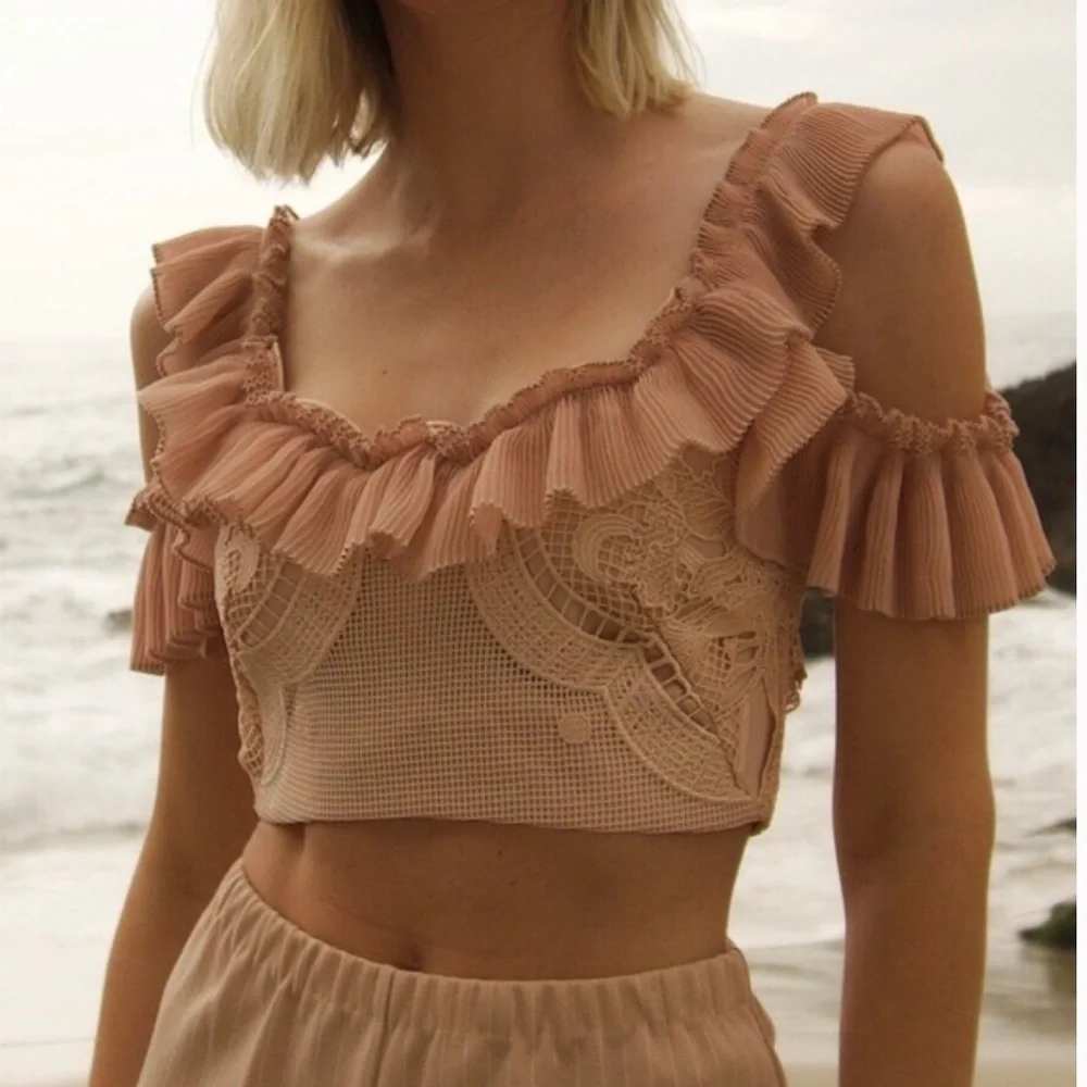 ALICE MCCALL Signed Sealed Lace Ruffle Cold Shoulder Crop Top - Picture 6 of 16